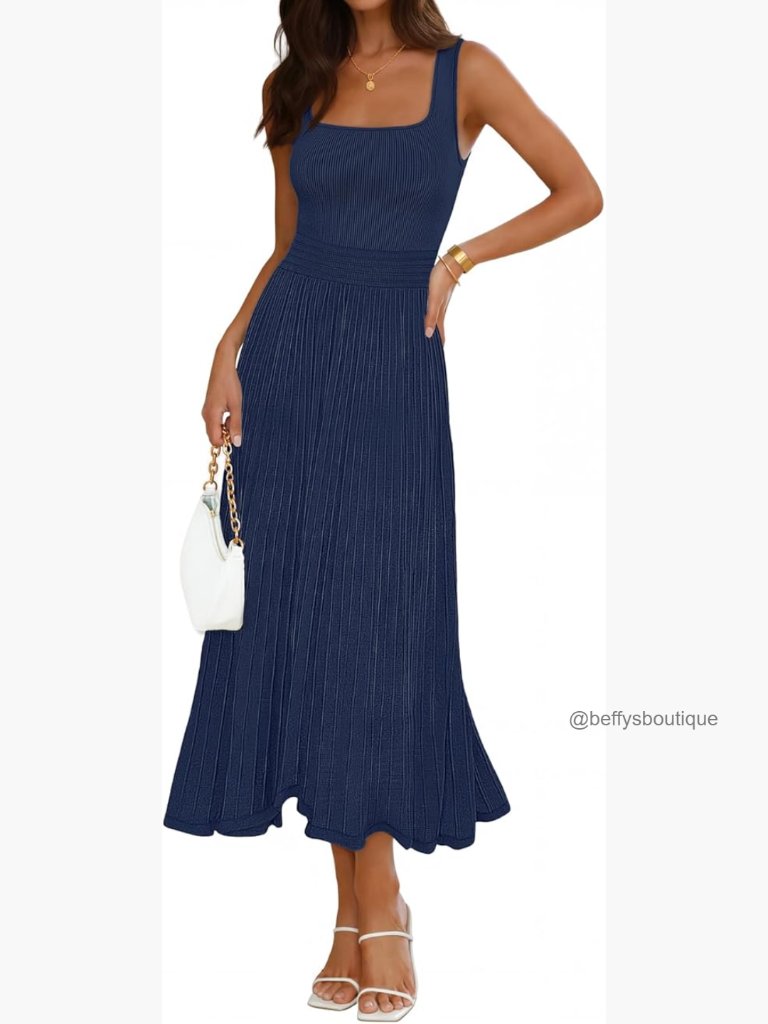Sleeveless Square Neck Pleated Midi Dress A-Line Empire Waist